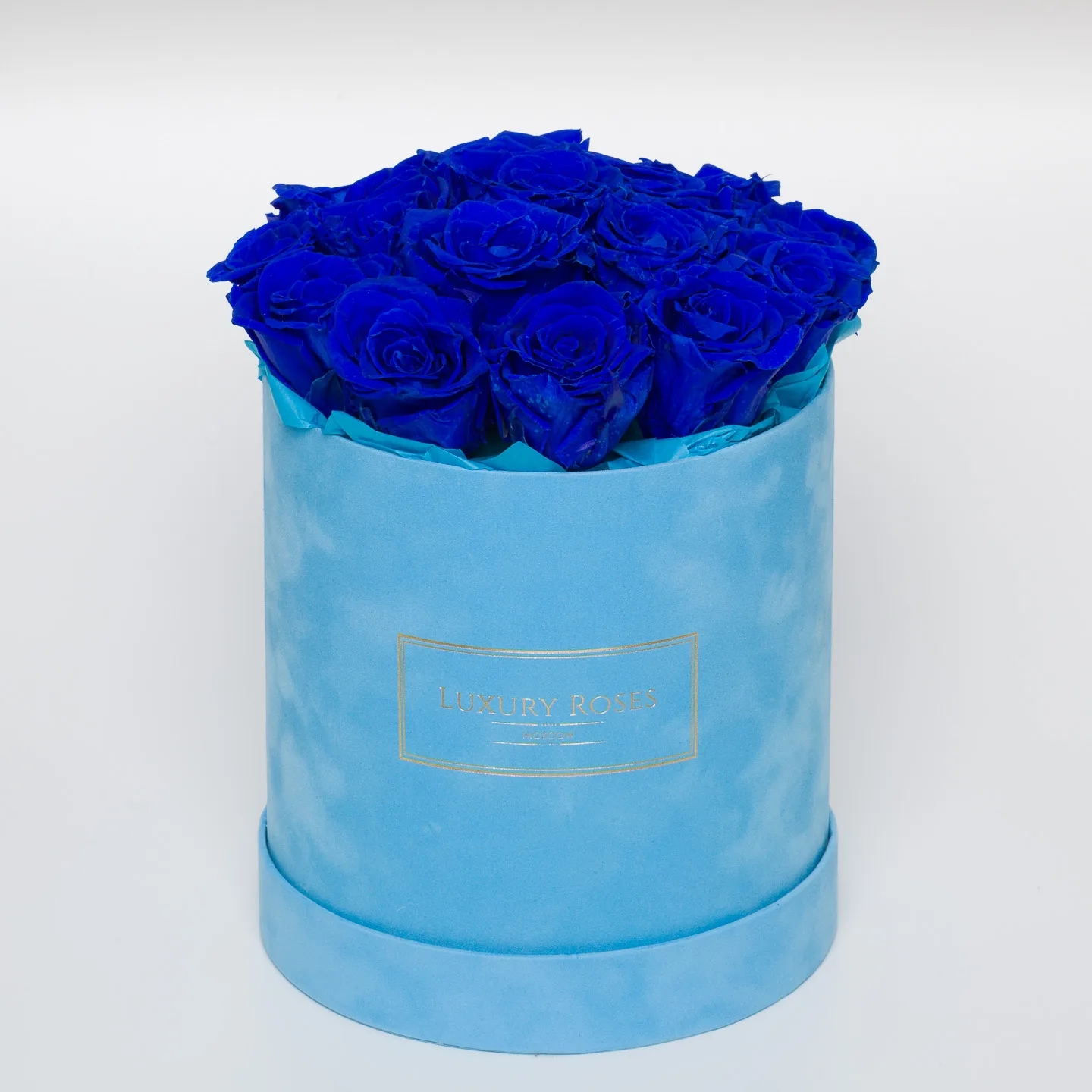Букет 15 синих роз в бархатной коробке, Букеты в шляпной коробке - Luxury Roses, СПб