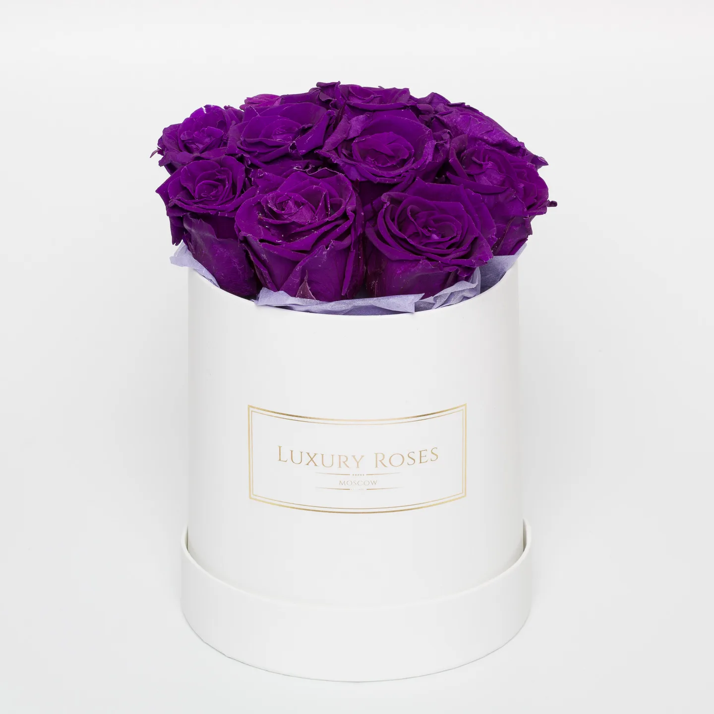Букет 11 фиолетовых роз в шляпной коробке, Букеты в шляпной коробке - Luxury Roses, СПб