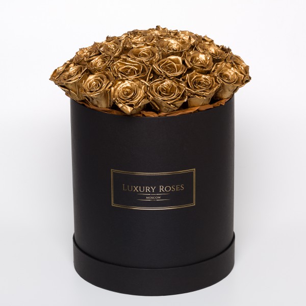 Букет 25 золотых роз в черной шляпной коробке