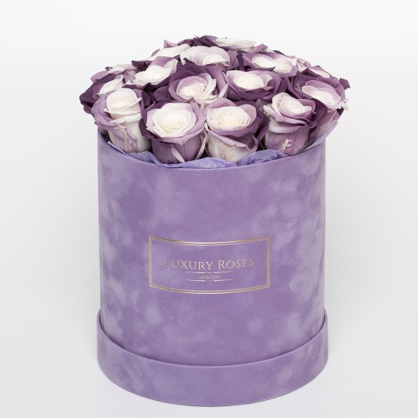 Букет 19 Фиолетово-белых роз в бархатной коробке