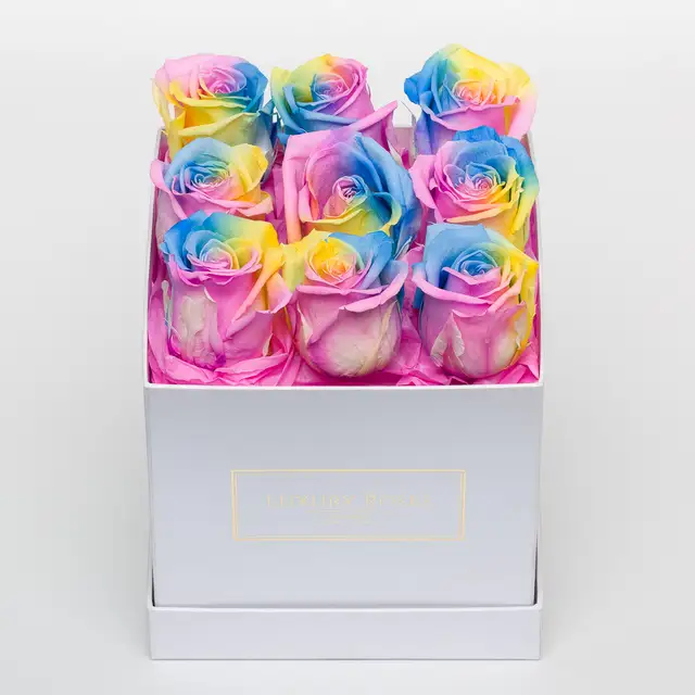 Букет 9 радужных yellow роз в коробке, Букеты в квадратной коробке - Luxury Roses, СПб - фото 2