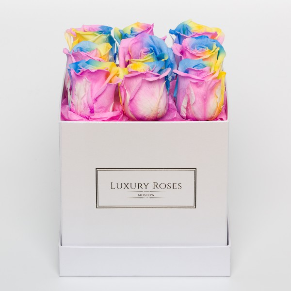 Букет 9 радужных yellow роз в коробке