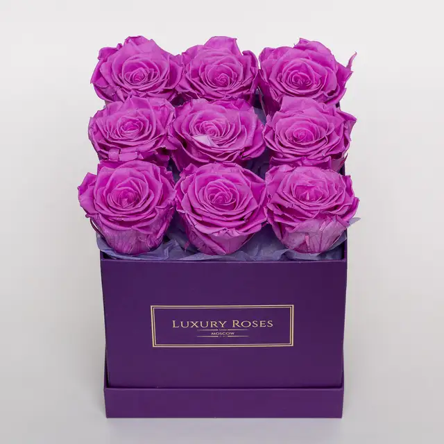Букет 9 лиловых роз в фиолетовой коробке, Букеты в квадратной коробке - Luxury Roses, СПб - фото 2
