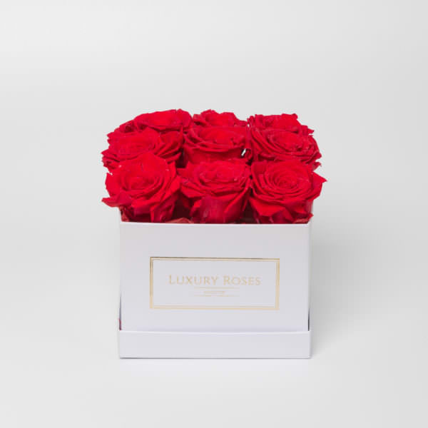 Букет 9 красных роз в квадратной белой коробке люкс