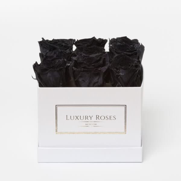 Букет 9 черных роз в квадратной белой коробке