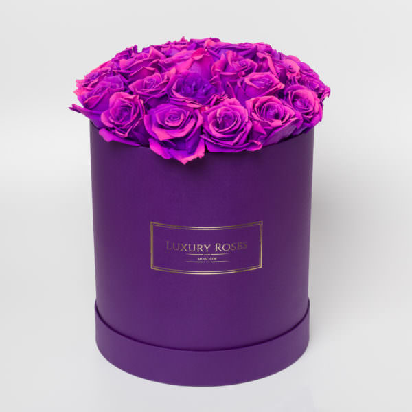 Букет 27 двухцветных роз в фиолетовой шляпной коробке