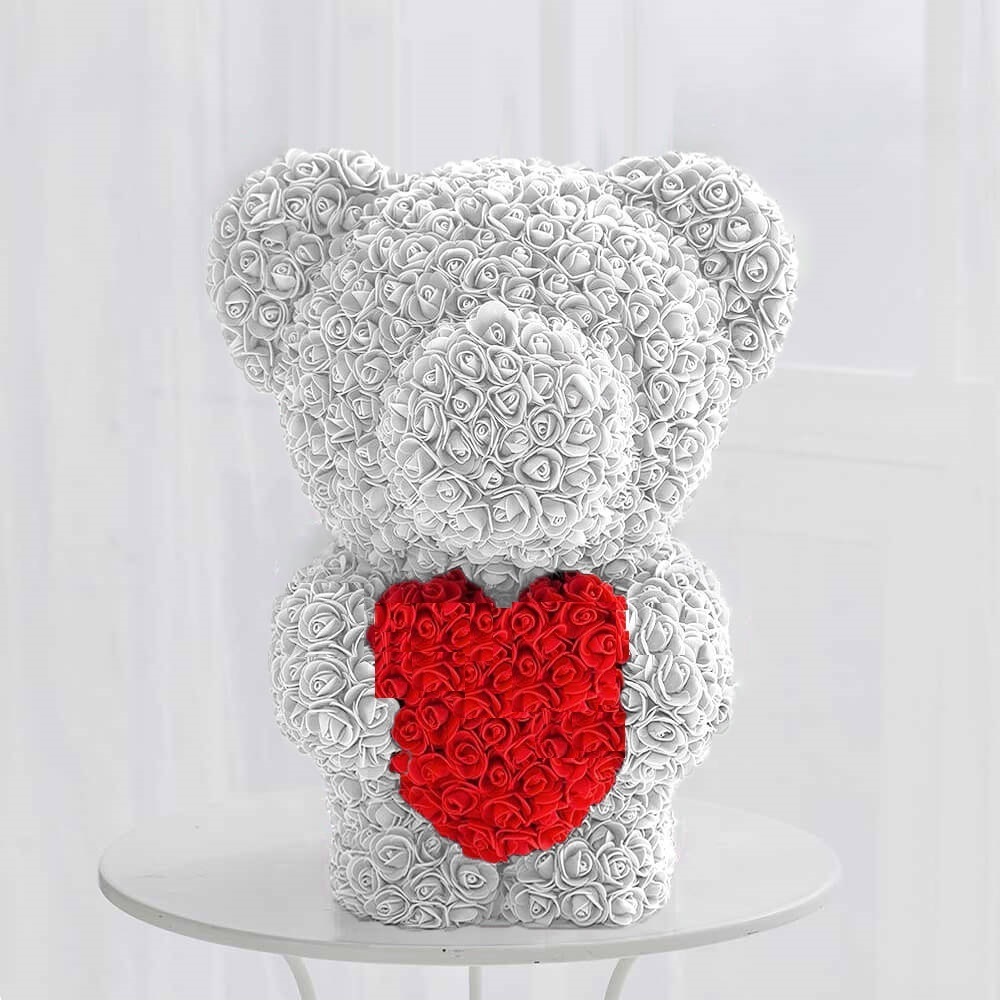 Мишка из роз White с сердцем (45 см)